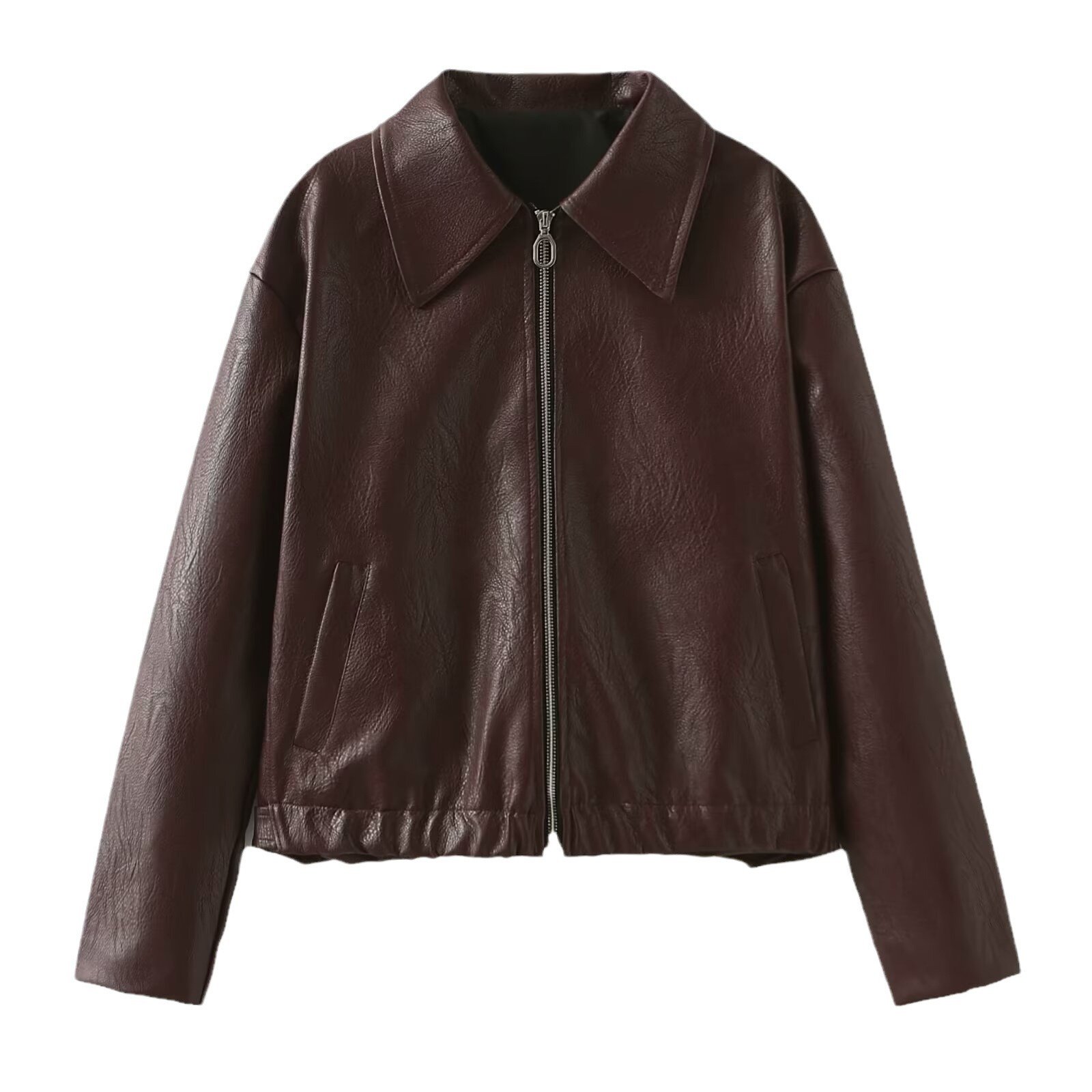 Solid Color Lapel Zipper Jacket Fashion Casual Long Sleeve Leather Coat Tops Women Clothing - Image 2